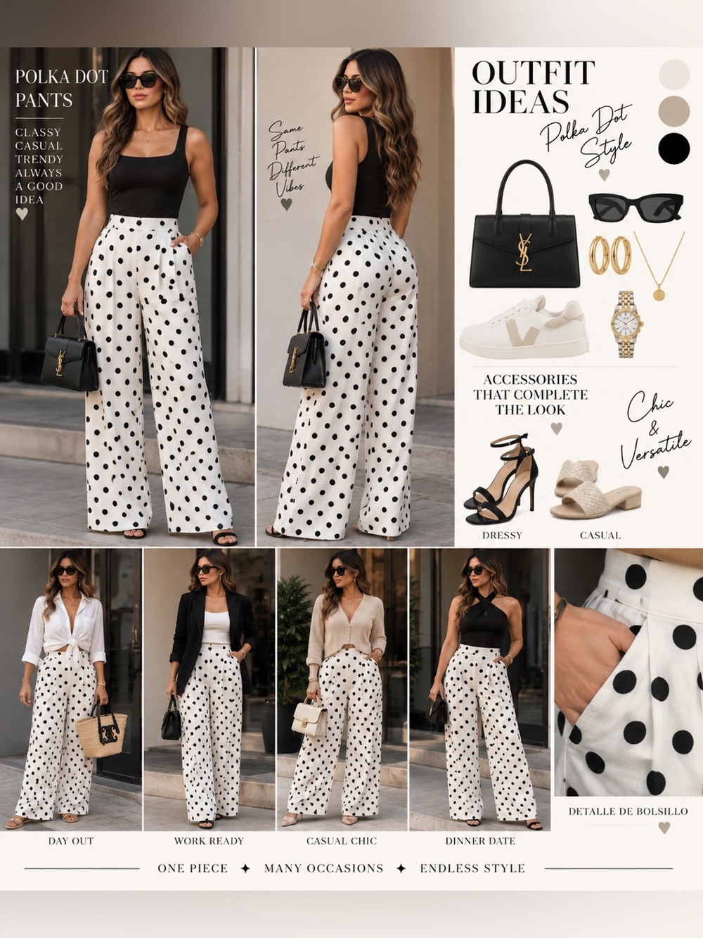 Only White Wide-Leg Polka Dot Pants with Black Dots